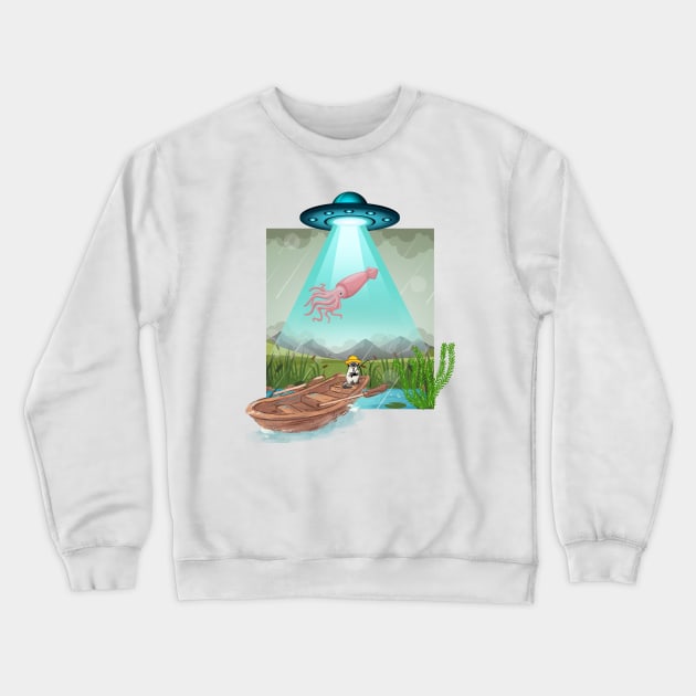 Catfish  alien abduction novelty design . Original artwork. One of a kind ufo cat fishing  squid gag gift 2023 Crewneck Sweatshirt by Flawless Designs